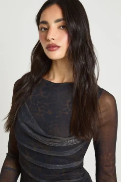 Robe Moulante À Col Bénitier En Mesh Imprimé Léopard