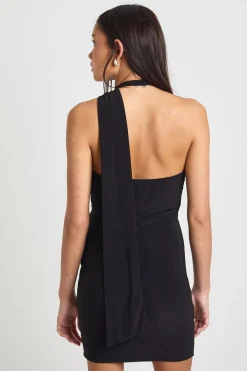 Robe Moulante à Col Licou avec Finitions en Dentelle et Détail Foulard