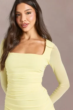 boohoo Robe Moulante En Mesh Froncé À Encolure Carrée<Femme Robes Moulantes|Robes À Manches Longues