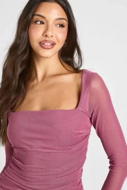boohoo Robe Moulante En Mesh Froncé À Encolure Carrée<Femme Robes Moulantes|Robes À Manches Longues