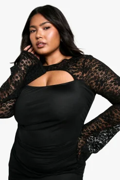 boohoo Robe Moulante Froncée En Dentelle Mesh Grande Taille<Femme Robes Moulantes|Satin Et Dentelle