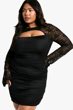 boohoo Robe Moulante Froncée En Dentelle Mesh Grande Taille<Femme Robes Moulantes|Satin Et Dentelle