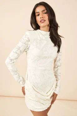 Robe Moulante À Manches Longues Avec Drapé Frontal Et Motif Floral Dévoré