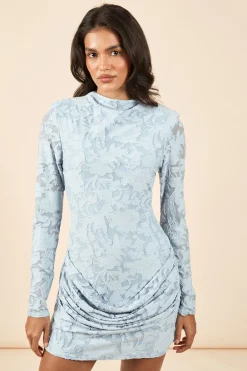 Robe Moulante À Manches Longues Avec Drapé Frontal À Motif Floral Dévoré