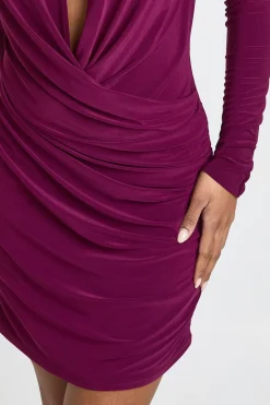 Robe Moulante à Manches Longues avec Décolleté Plongeant et Devant Croisé