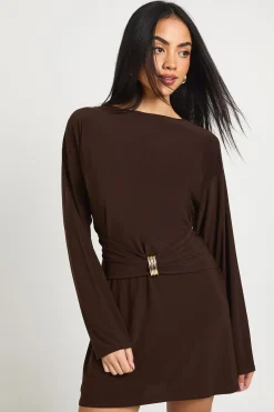 boohoo Robe Moulante à Manches Longues avec Finitions Dorées<Femme Looks Chocolat|Robes À Manches Longues