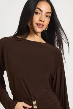 boohoo Robe Moulante à Manches Longues avec Finitions Dorées<Femme Looks Chocolat|Robes À Manches Longues