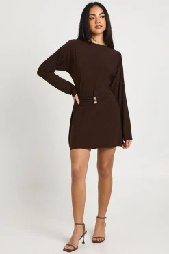 boohoo Robe Moulante à Manches Longues avec Finitions Dorées<Femme Looks Chocolat|Robes À Manches Longues