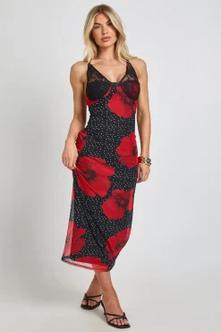 Robe Moulante À Pois Et Imprimé Floral Avec Détail De Bonnets En Dentelle