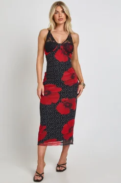 Robe Moulante À Pois Et Imprimé Floral Avec Détail De Bonnets En Dentelle