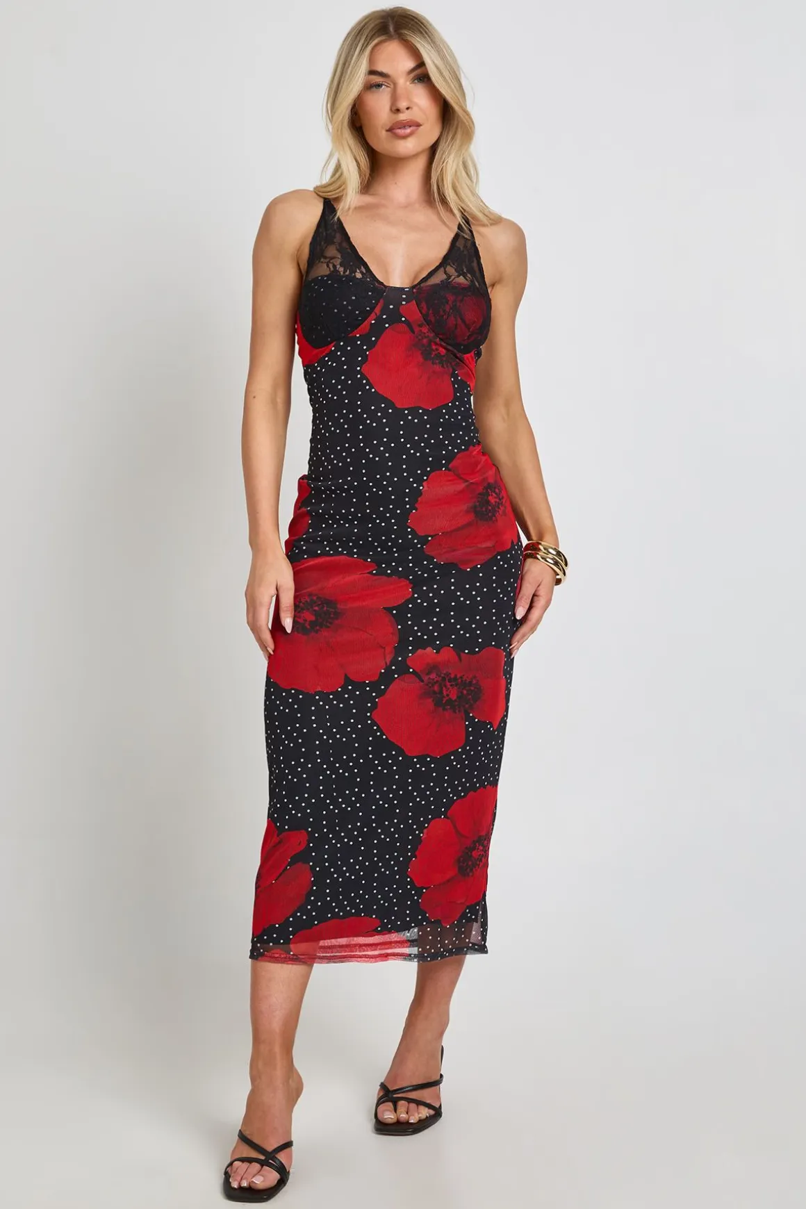 Robe Moulante À Pois Et Imprimé Floral Avec Détail De Bonnets En Dentelle