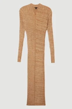 Robe Moulante Tricotée Côtelée à Fil Torsadé avec Détail Zip