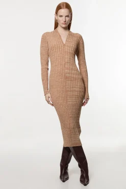 Robe Moulante Tricotée Côtelée à Fil Torsadé avec Détail Zip
