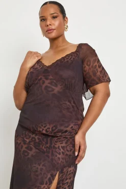 Robe Nuisette Grande Taille Imprimé Léopard avec Manches Évasées et Finitions Dentelle