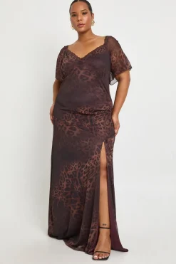 Robe Nuisette Grande Taille Imprimé Léopard avec Manches Évasées et Finitions Dentelle