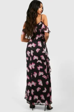 boohoo Robe nuisette imprimée à manches drapées<Femme Toutes Les Robes|Robes Noires Nouées
