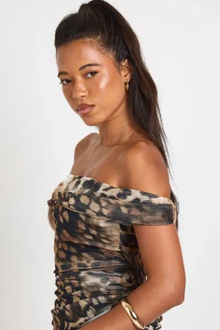 Robe Patineuse Ajustée À Imprimé Léopard En Tulle Avec Encolure Bardot Froncée