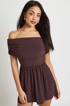 boohoo Robe Patineuse Bardot En Tissu Extensible<Femme Looks Chocolat|Robes Patineuses