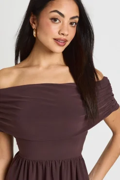 boohoo Robe Patineuse Bardot En Tissu Extensible<Femme Looks Chocolat|Robes Patineuses