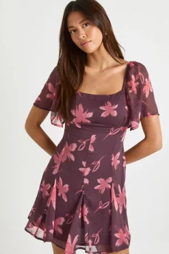 boohoo Robe patineuse à col carré en chiffon floral<Femme Toutes Les Robes|Robes Patineuses