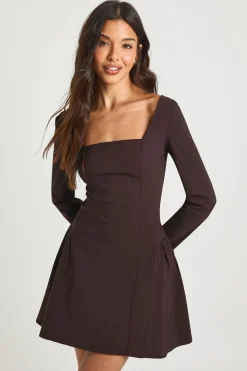 Robe Patineuse en Bengaline à Encolure Carrée et Taille Froncée
