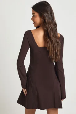 Robe Patineuse en Bengaline à Encolure Carrée et Taille Froncée