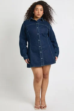 Robe Patineuse en Denim Grande Taille à Boutons avec Taille Cintrée