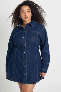 Robe Patineuse en Denim Grande Taille à Boutons avec Taille Cintrée