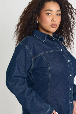 Robe Patineuse en Denim Grande Taille à Boutons avec Taille Cintrée