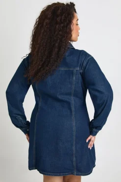 Robe Patineuse en Denim Grande Taille à Boutons avec Taille Cintrée