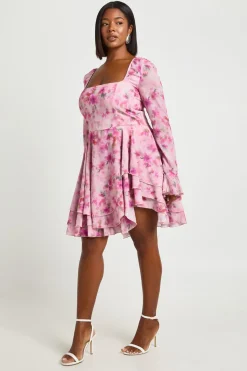 boohoo Robe Patineuse En Mousseline À Imprimé Floral Grande Taille<Femme Robes Patineuses|Robes À Manches Longues
