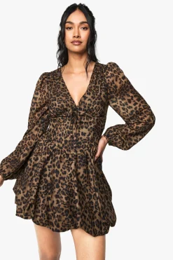 Robe patineuse en mousseline à imprimé léopard, manches bouffantes, style laitière