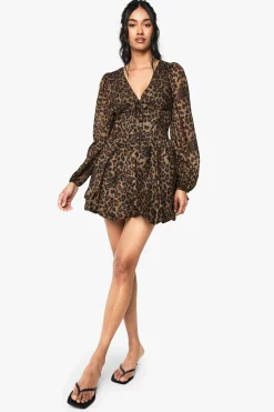 Robe patineuse en mousseline à imprimé léopard, manches bouffantes, style laitière