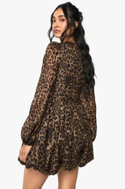 Robe patineuse en mousseline à imprimé léopard, manches bouffantes, style laitière