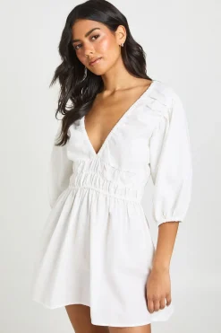 Robe Patineuse Froncée À Manches Bouffantes Effet Lin
