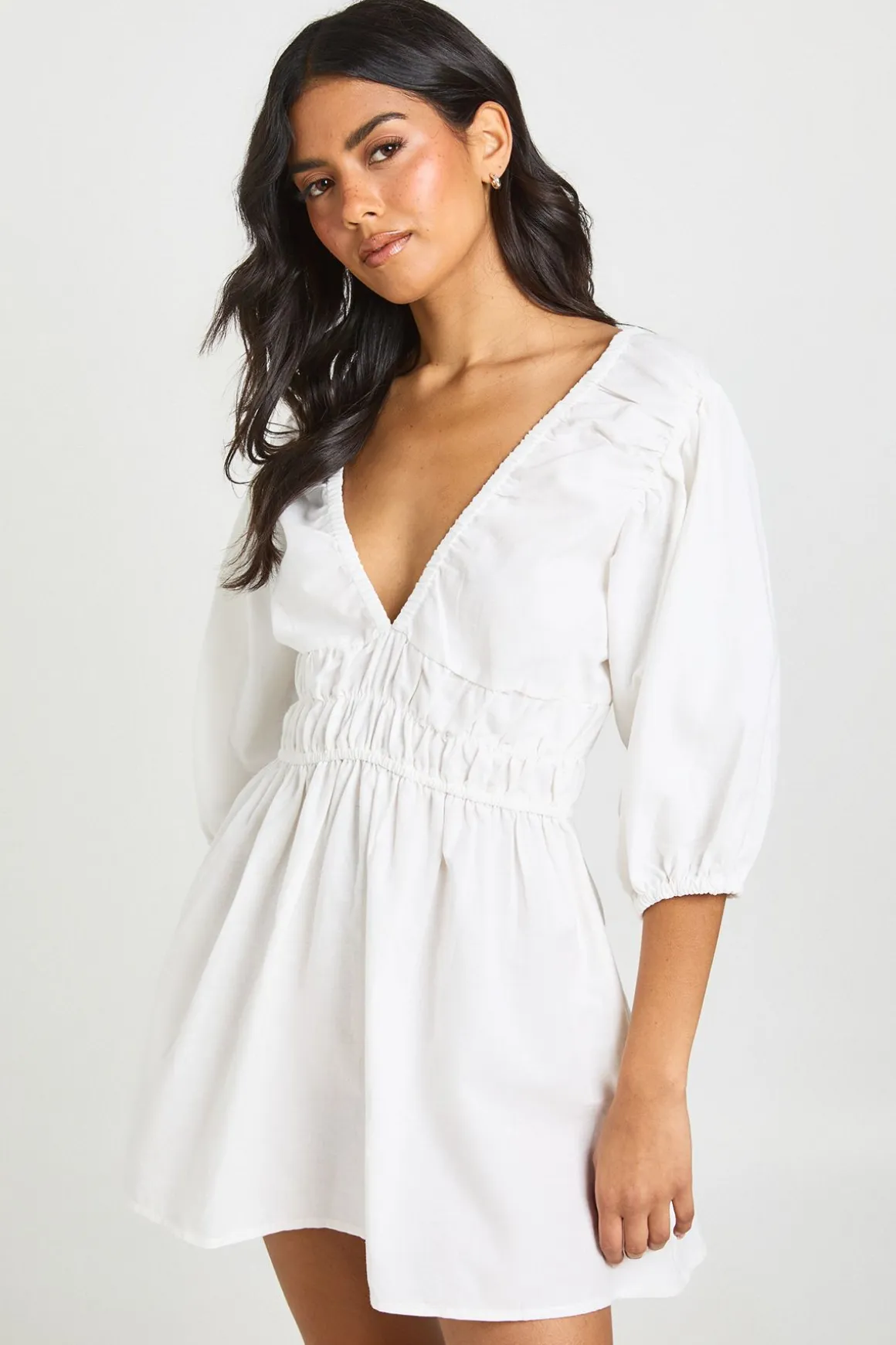 Robe Patineuse Froncée À Manches Bouffantes Effet Lin