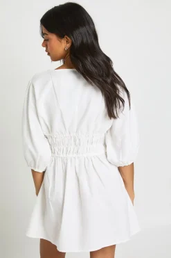 Robe Patineuse Froncée À Manches Bouffantes Effet Lin
