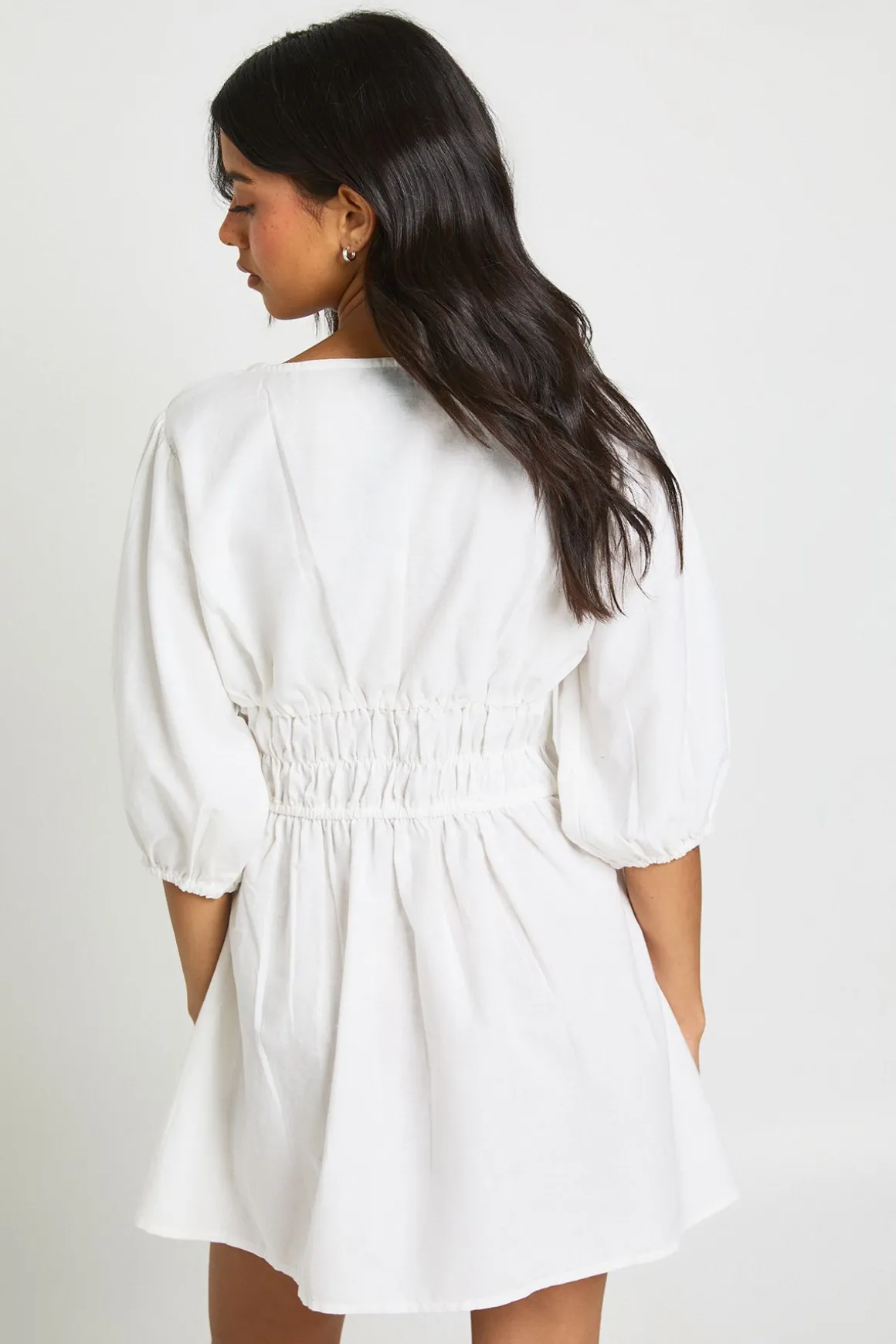 Robe Patineuse Froncée À Manches Bouffantes Effet Lin