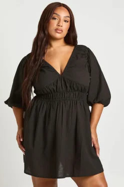 Robe Patineuse Grande Taille Effet Lin À Manches Bouffantes Et Taille Froncée