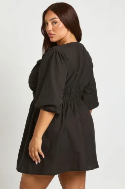 Robe Patineuse Grande Taille Effet Lin À Manches Bouffantes Et Taille Froncée