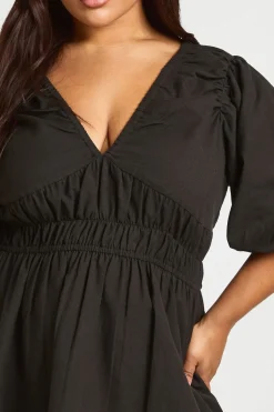 Robe Patineuse Grande Taille Effet Lin À Manches Bouffantes Et Taille Froncée