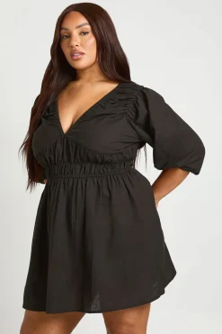 Robe Patineuse Grande Taille Effet Lin À Manches Bouffantes Et Taille Froncée