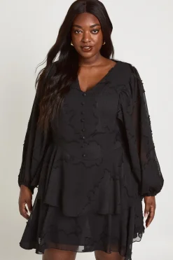 Robe Patineuse Grande Taille À Motif Floral Dévoré Avec Manches Bouffantes Et Ourlet À Volants