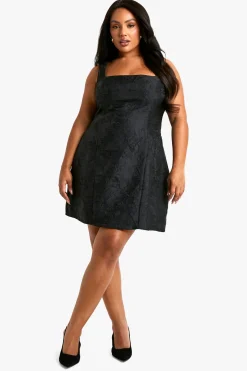 Robe Patineuse Grande Taille en Jacquard à Encolure Carrée