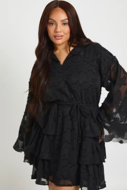 boohoo Robe Patineuse Grande Taille en Mousseline Dévorée à Volants<Femme Robes Patineuses|Robes À Manches Longues