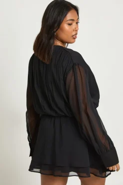 Robe Patineuse Grande Taille en Mousseline à Volants Blouson avec Ceinture Nouée