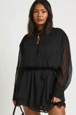 Robe Patineuse Grande Taille en Mousseline à Volants Blouson avec Ceinture Nouée