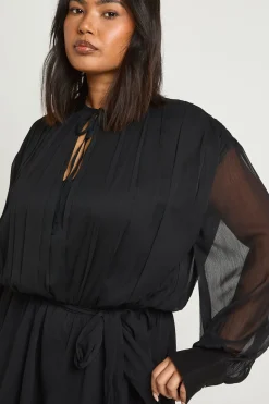 Robe Patineuse Grande Taille en Mousseline à Volants Blouson avec Ceinture Nouée