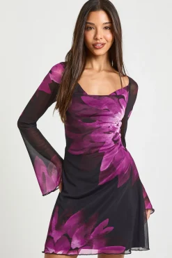 Robe Patineuse à Manches Longues Motif Floral