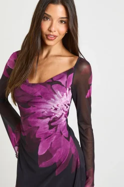 Robe Patineuse à Manches Longues Motif Floral